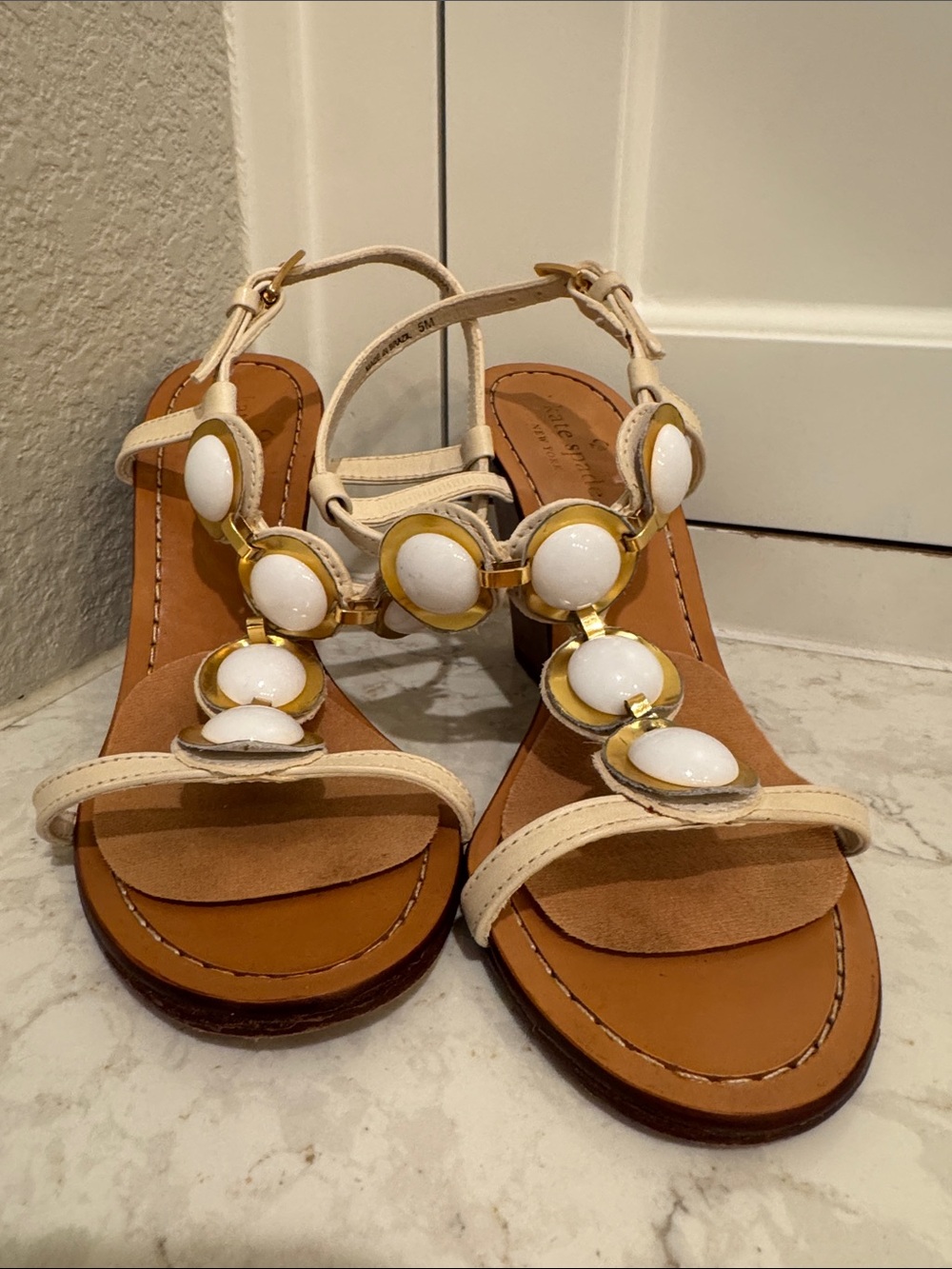 Kate Spade ♠️ White and Tan T-Strap Sandals with White/Gold Accents